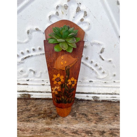 unbranded Other - Vintage Wood 1970s Wall Pocket Vase Hand Painted Mushroom Flowers